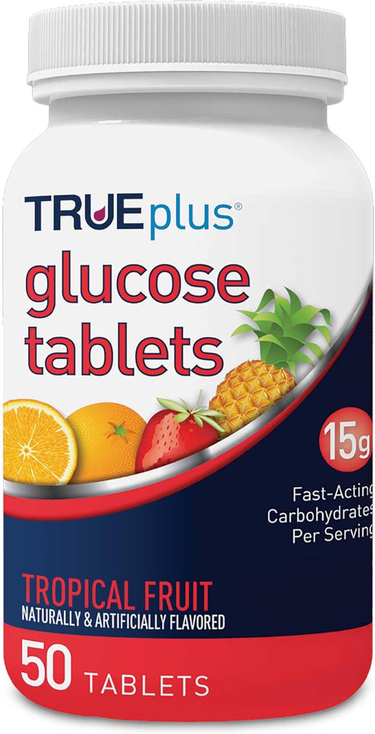 50ct Bottle of TRUEplus® Glucose Tablets in Tropical Fruit Flavor