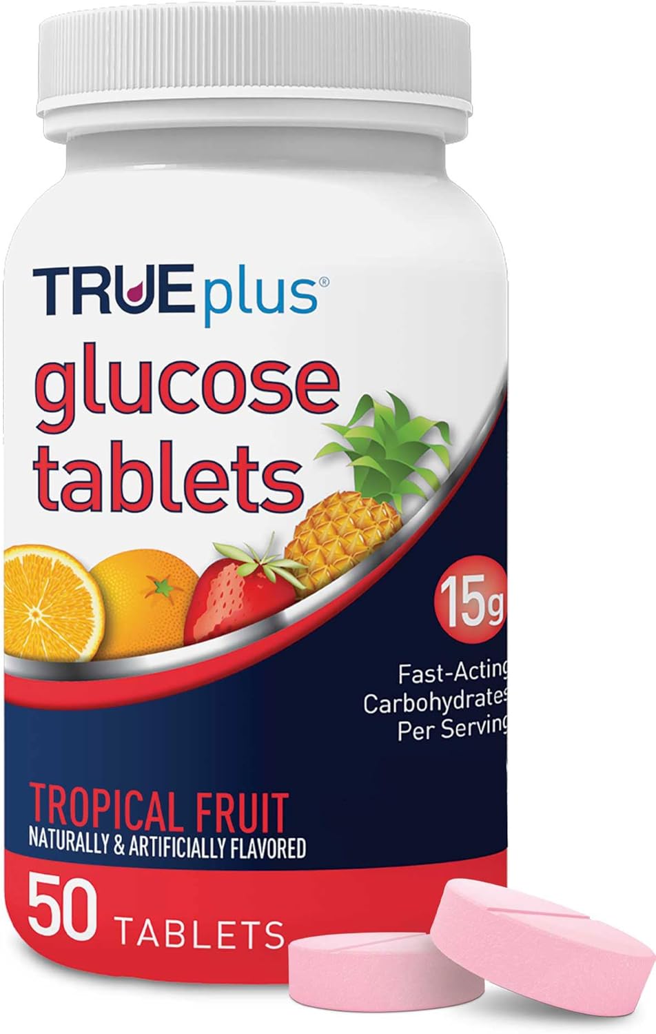 50ct Bottle of TRUEplus® Glucose Tablets in Tropical Fruit Flavor