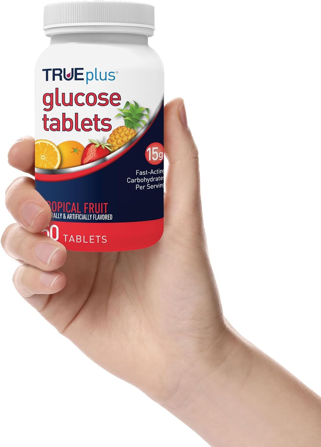 50ct Bottle of TRUEplus® Glucose Tablets in Tropical Fruit Flavor