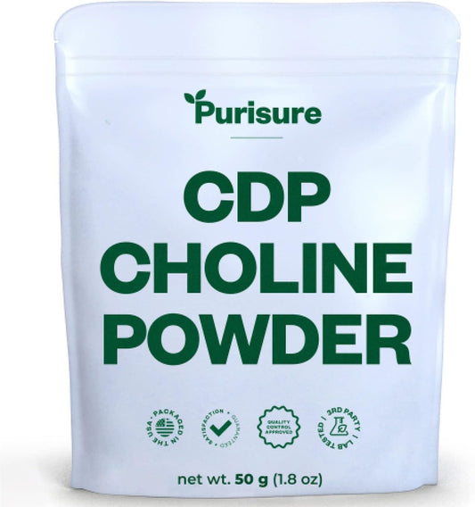 50g Purisure CDP Choline Powder: Citicoline Supplement for Focus, Energy, and Cognitive Function - 200 Servings