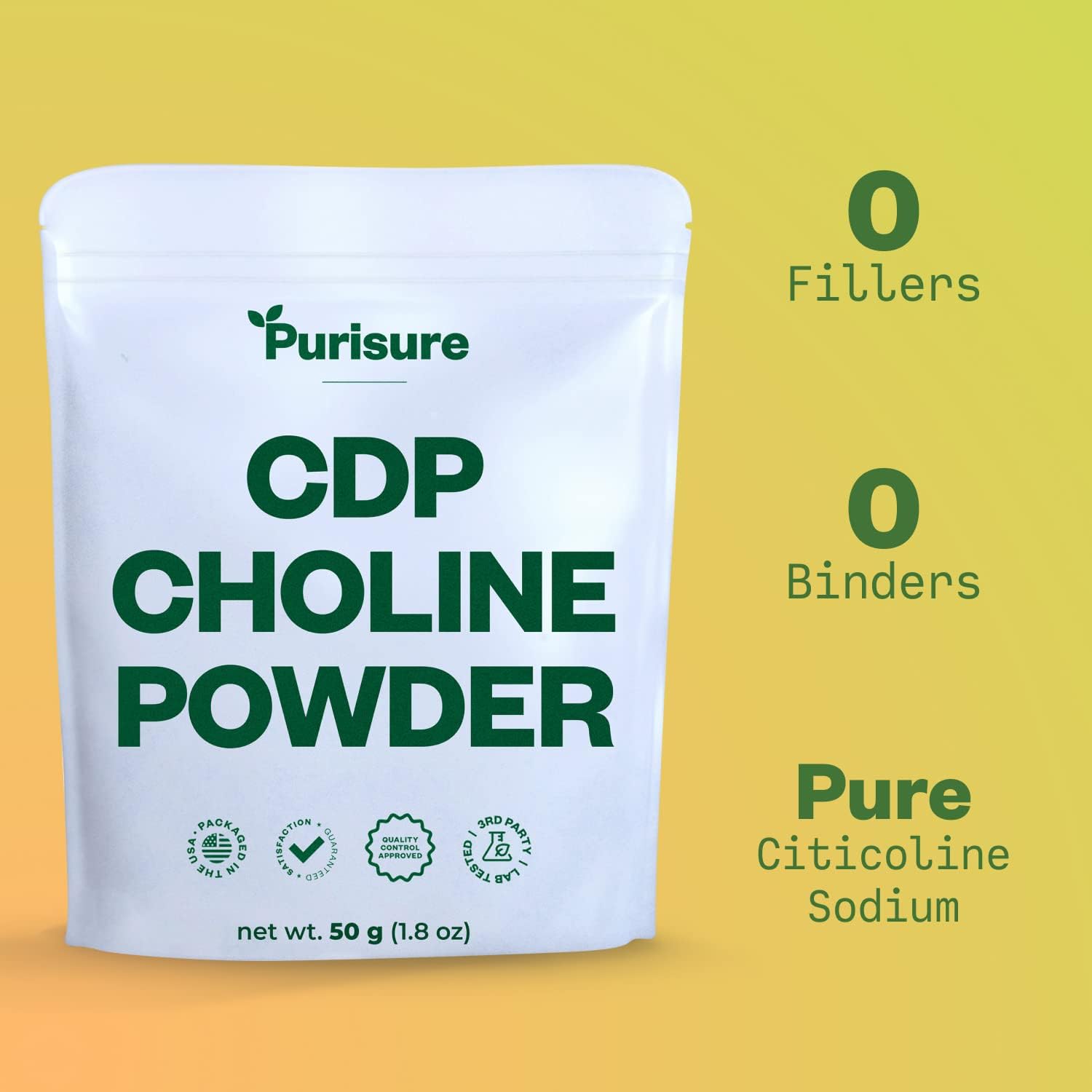 50g Purisure CDP Choline Powder: Citicoline Supplement for Focus, Energy, and Cognitive Function - 200 Servings