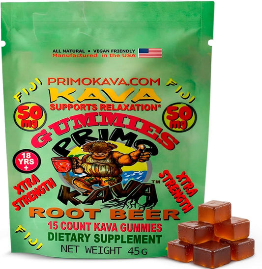 50mg Kava Kava Gummies for Calm & Relaxation - Strong Noble Kava with 50mg Kavalactones - Fast-Acting Fiji Kava Root Extract - 15 Count - Root Beer Flavor