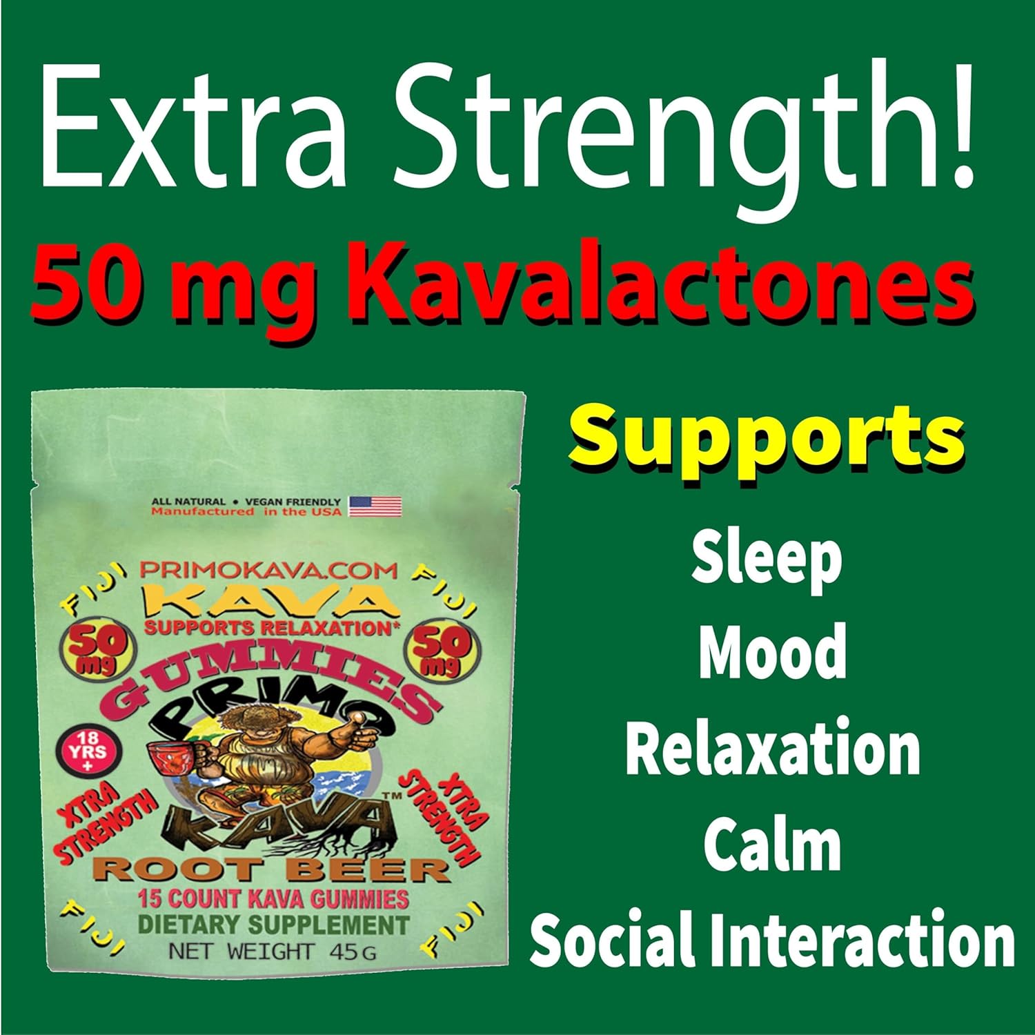 50mg Kava Kava Gummies for Calm & Relaxation - Strong Noble Kava with 50mg Kavalactones - Fast-Acting Fiji Kava Root Extract - 15 Count - Root Beer Flavor