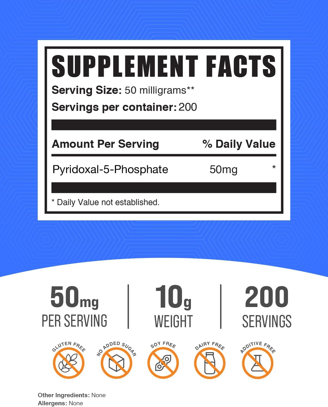 50mg Pyridoxal 5 Phosphate Powder - P-5-P Vitamin B6 Supplement, Gluten Free - 10g (0.35 oz) Pack of 1