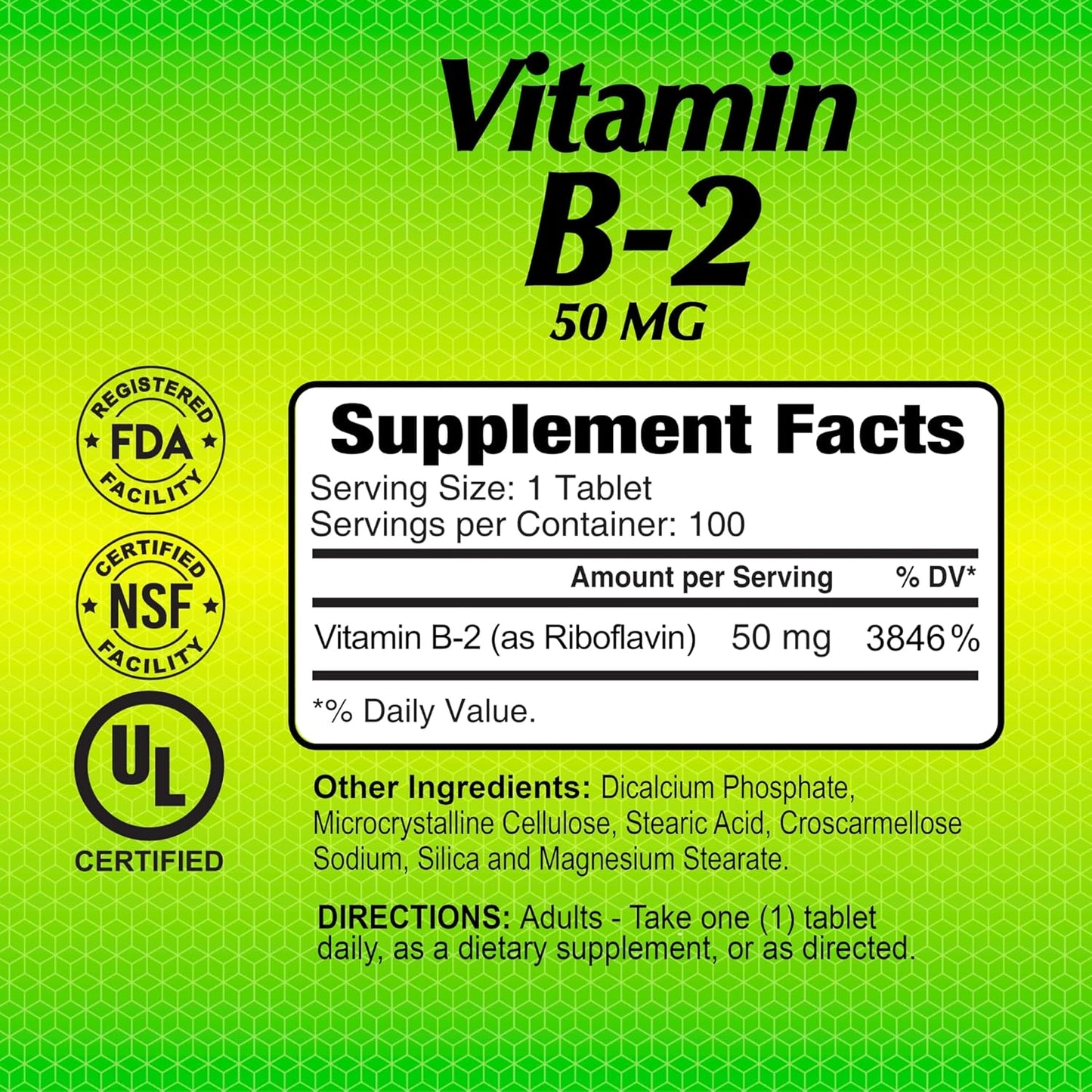 50mg Vitamin B2 (Riboflavin) Tablets - Gluten Free, Non-GMO - ALFA VITAMINS