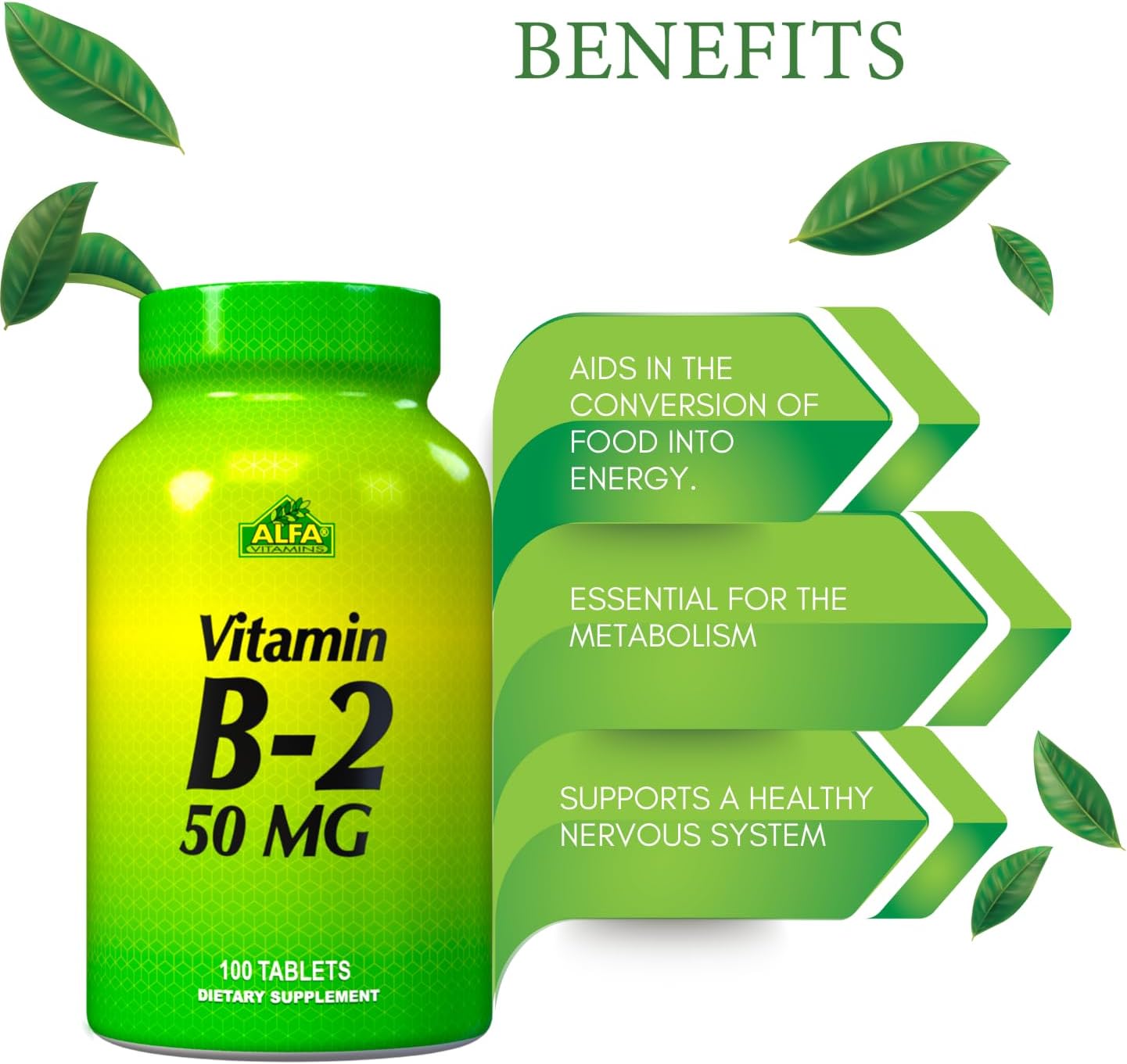 50mg Vitamin B2 (Riboflavin) Tablets - Gluten Free, Non-GMO - ALFA VITAMINS