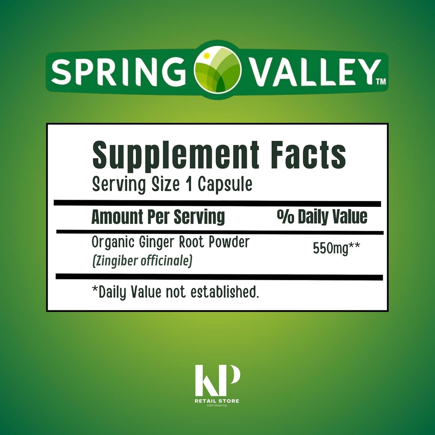 550 mg Spring Valley Ginger Root Dietary Supplement Capsules - 100 Count with KP+Sticker