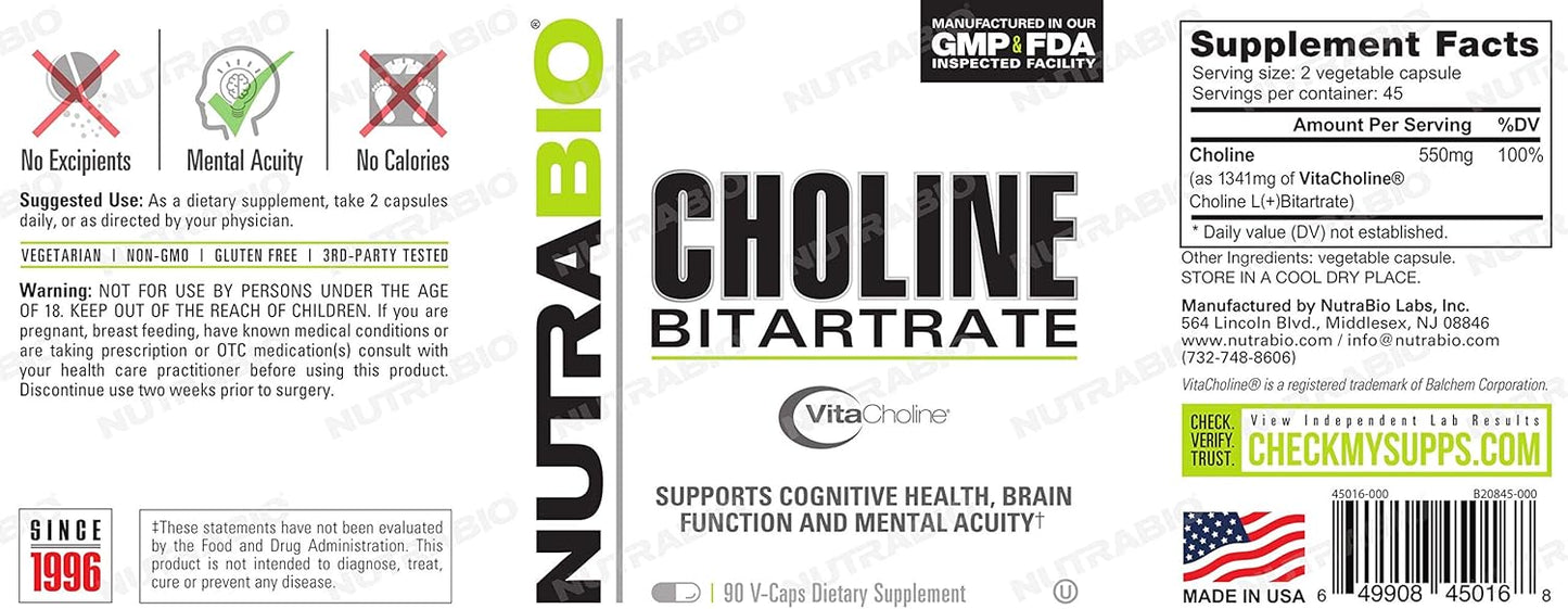 550mg Choline Bitartrate Supplement for Mental Acuity and Cognitive Health - 90 Veg Capsules by NutraBio