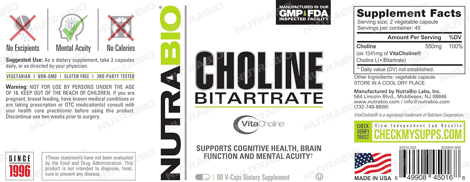 550mg Choline Bitartrate Supplement for Mental Acuity and Cognitive Health - 90 Veg Capsules by NutraBio