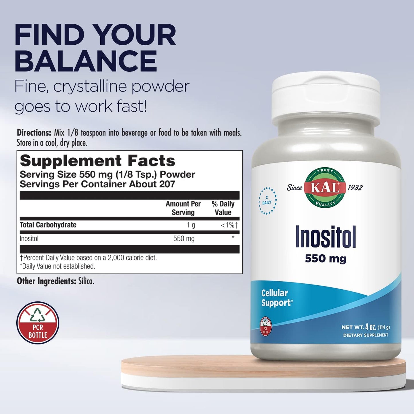 550mg KAL Inositol Powder: Brain, Nervous System, & Mood Support - Cellular Health, Enhanced Formula, Easy Mix - 207 Servings, 4oz