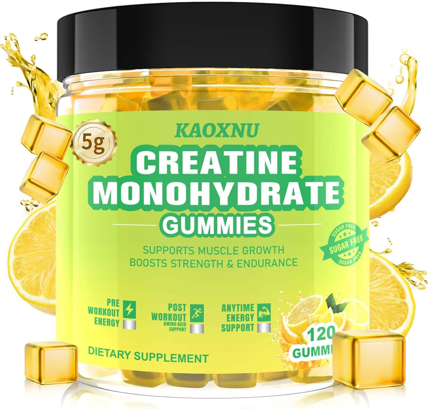 5600mg Creatine Monohydrate Gummies for Muscle Support & Energy Boost - 120 CT Chewables for Men & Women - Vegan & Sugar Free Lemon Flavor
