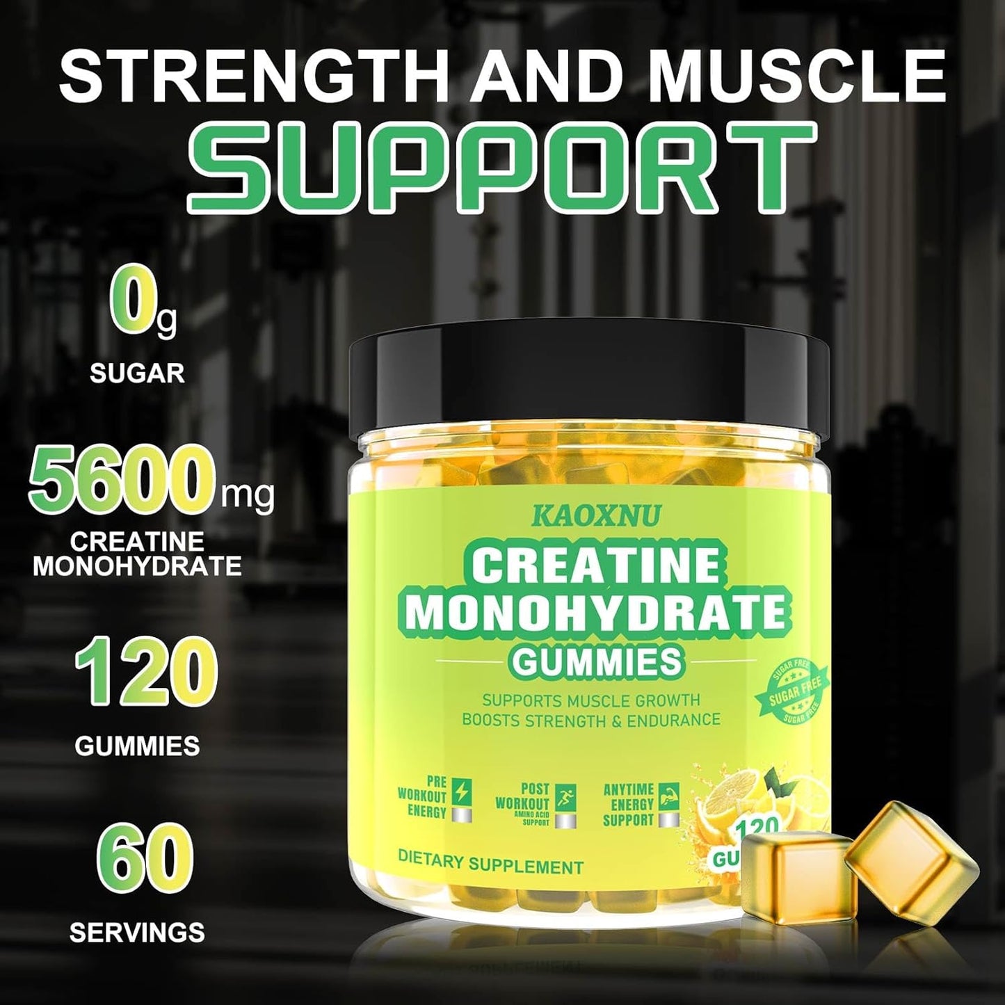5600mg Creatine Monohydrate Gummies for Muscle Support & Energy Boost - 120 CT Chewables for Men & Women - Vegan & Sugar Free Lemon Flavor