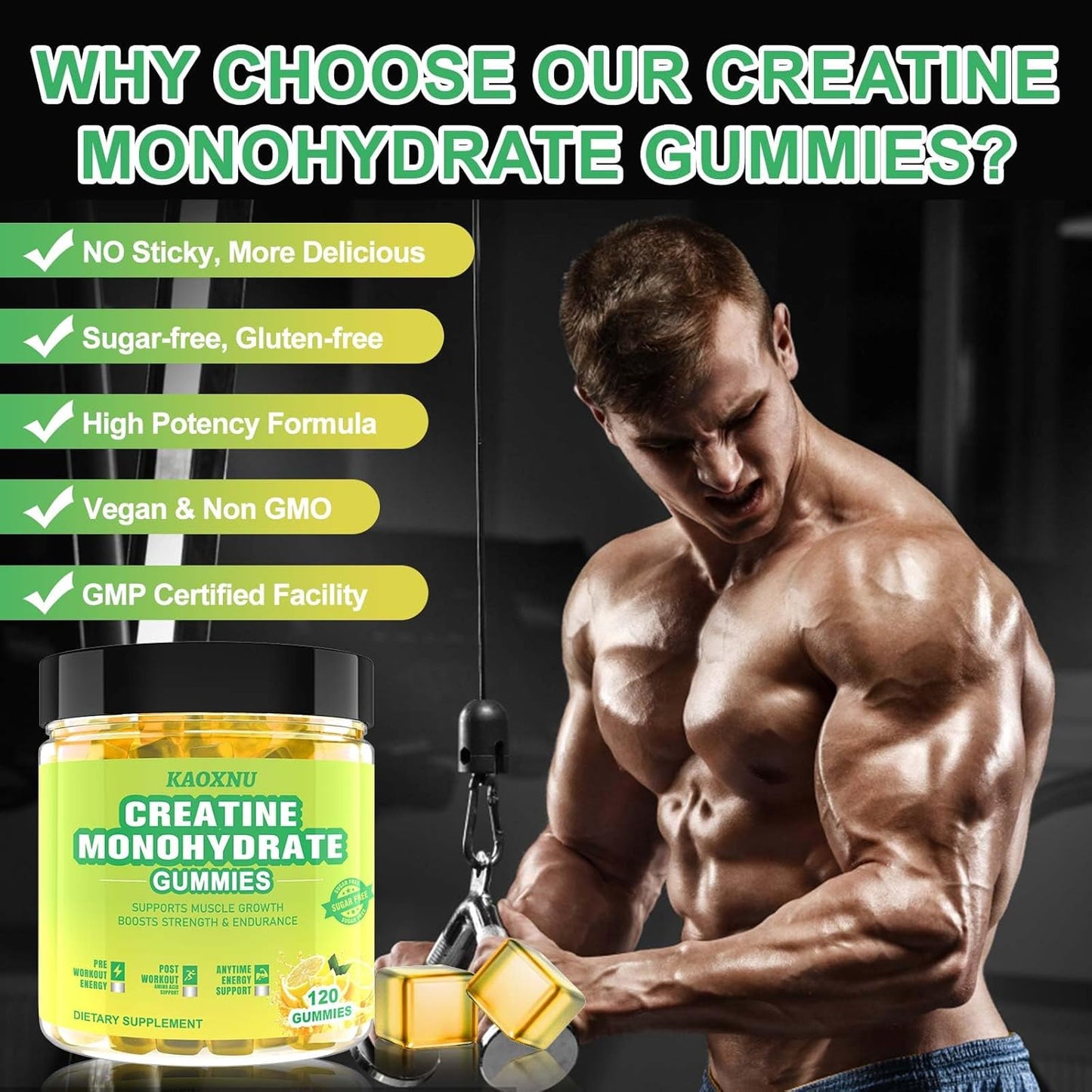 5600mg Creatine Monohydrate Gummies for Muscle Support & Energy Boost - 120 CT Chewables for Men & Women - Vegan & Sugar Free Lemon Flavor