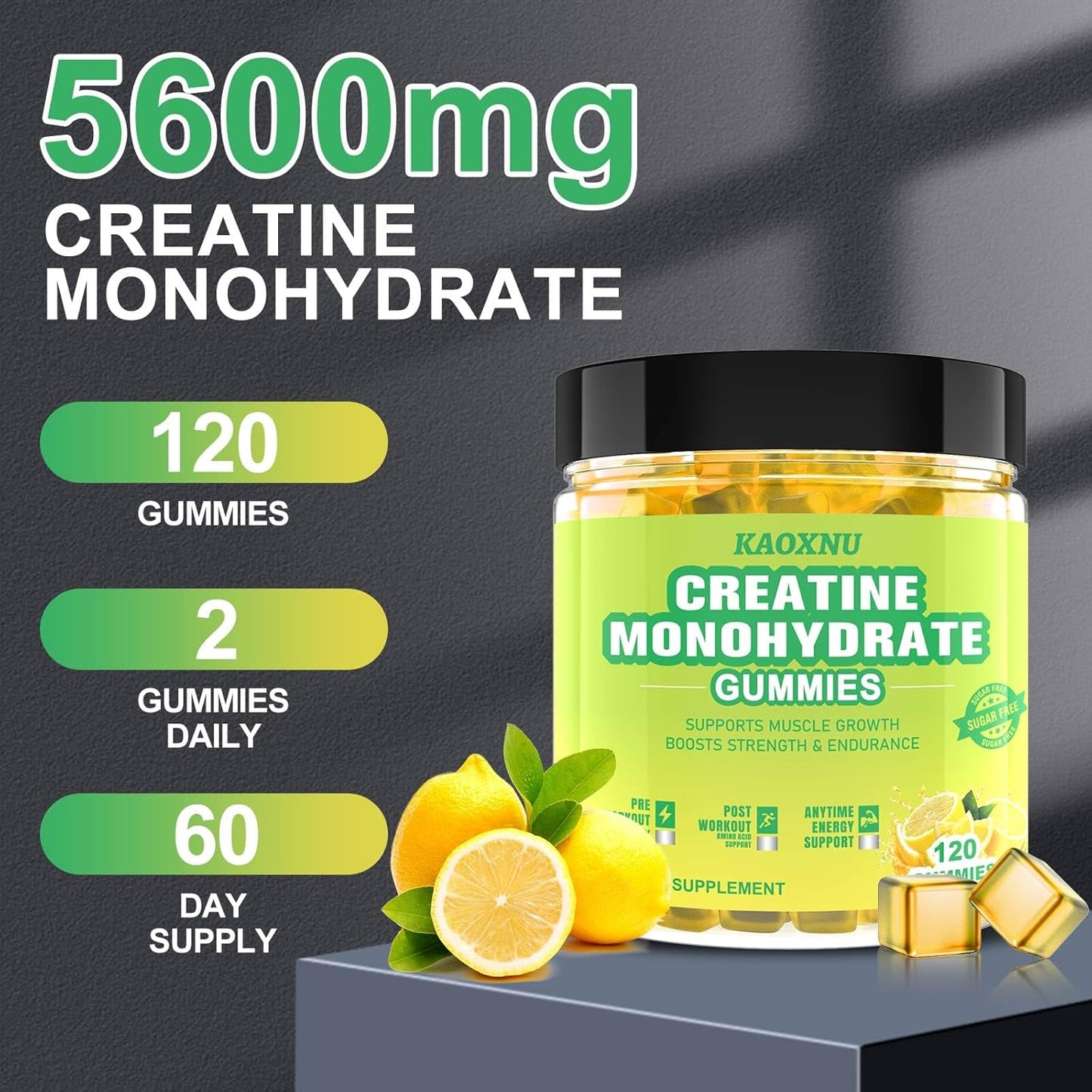 5600mg Creatine Monohydrate Gummies for Muscle Support & Energy Boost - 120 CT Chewables for Men & Women - Vegan & Sugar Free Lemon Flavor