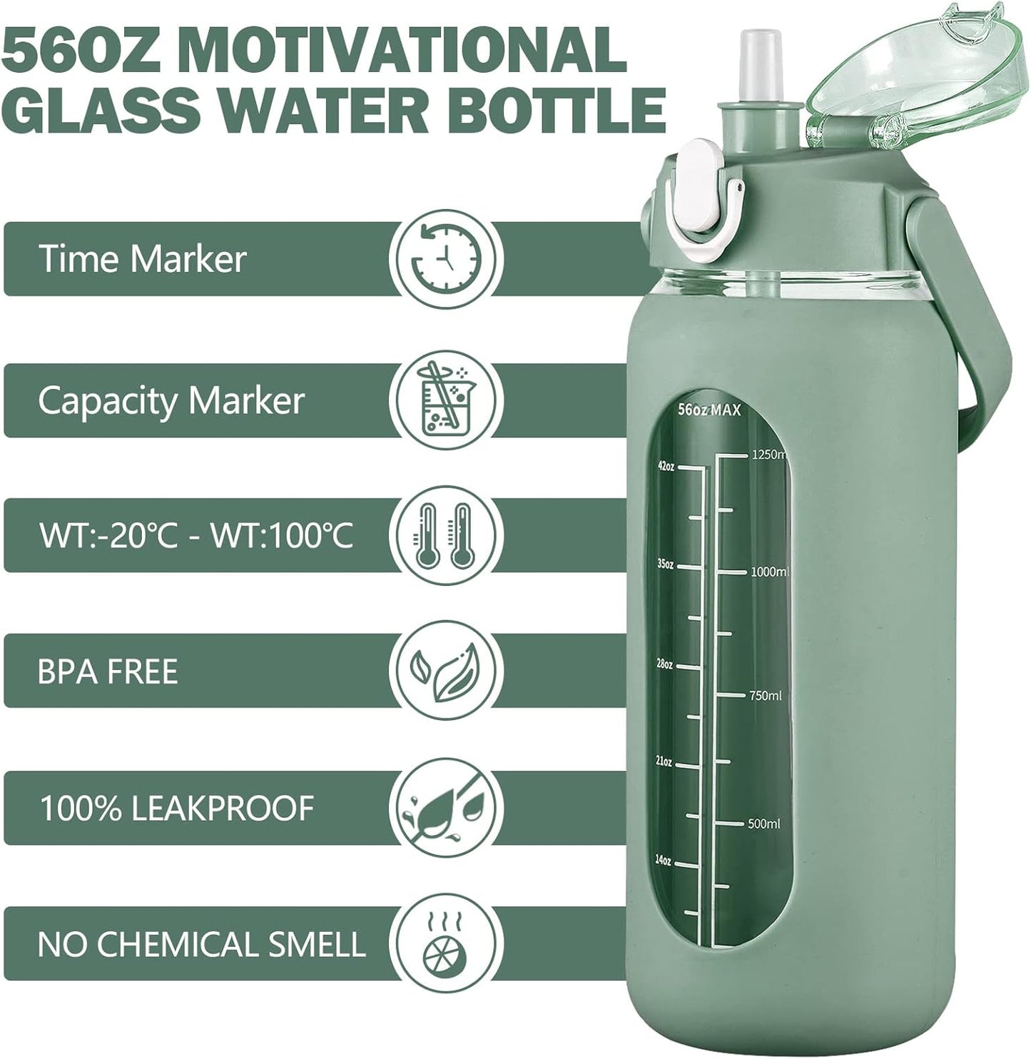 56oz Glass Water Bottle with Straw and Time Marker, Leakproof Large Bottle for Gym and Office with Silicone Sleeve - Olive Green