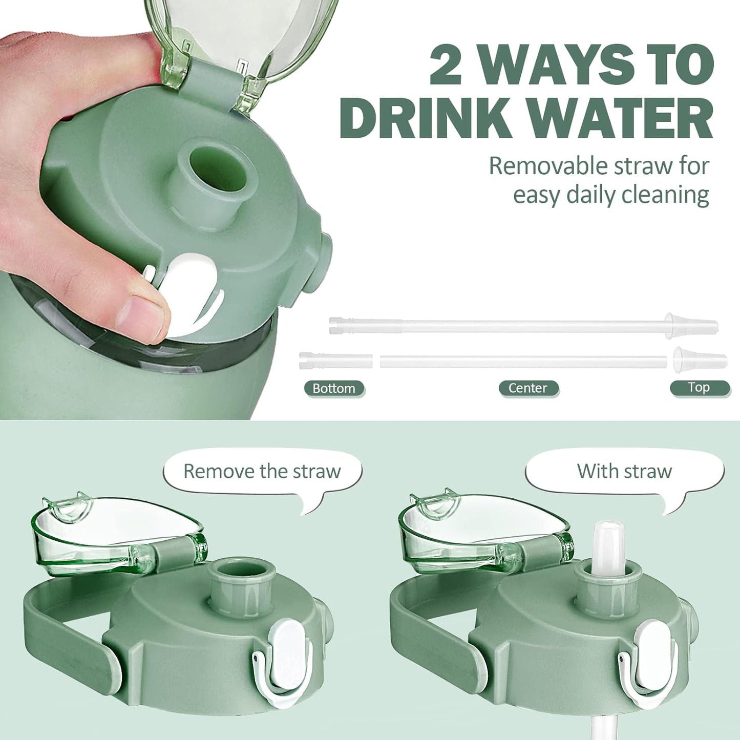 56oz Glass Water Bottle with Straw and Time Marker, Leakproof Large Bottle for Gym and Office with Silicone Sleeve - Olive Green