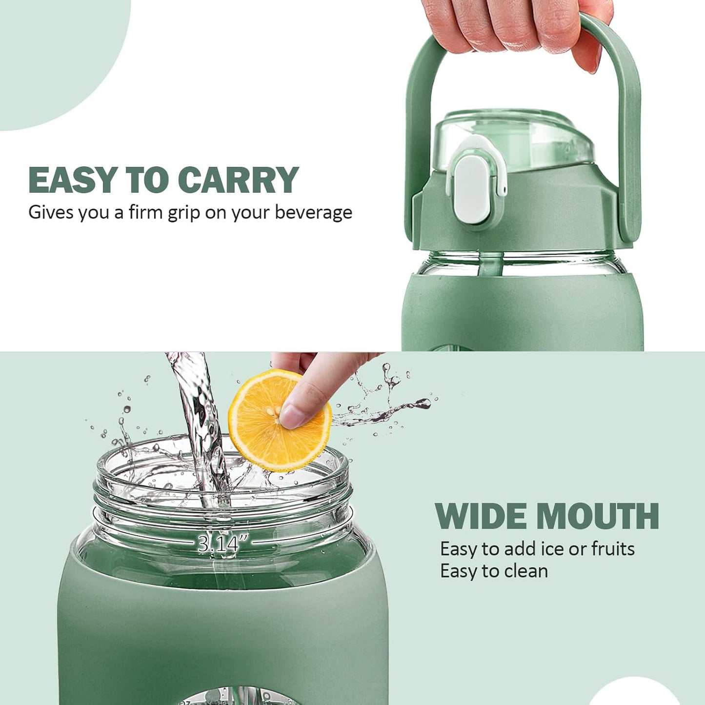 56oz Glass Water Bottle with Straw and Time Marker, Leakproof Large Bottle for Gym and Office with Silicone Sleeve - Olive Green