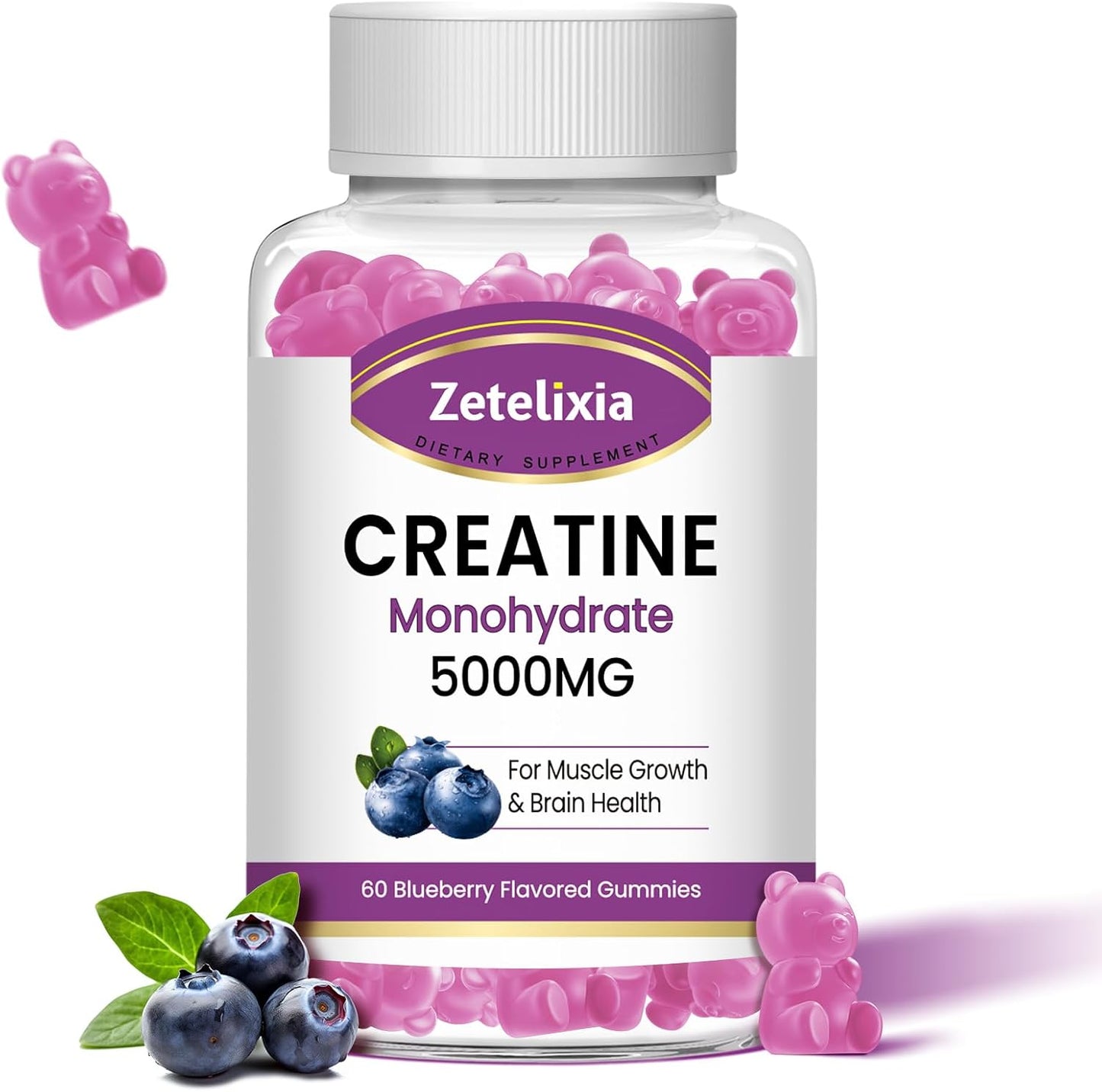 5g Chewable Creatine Monohydrate Gummies with Vitamin B12 for Muscle Strength and Energy Support - Blueberry Flavor, 60 Count - Non-GMO for Men and Women