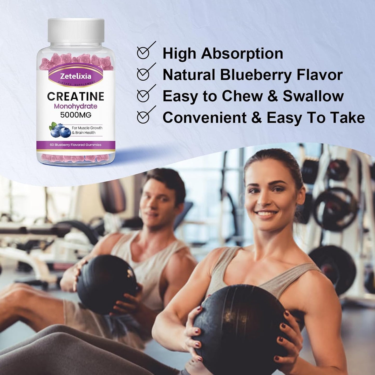 5g Chewable Creatine Monohydrate Gummies with Vitamin B12 for Muscle Strength and Energy Support - Blueberry Flavor, 60 Count - Non-GMO for Men and Women