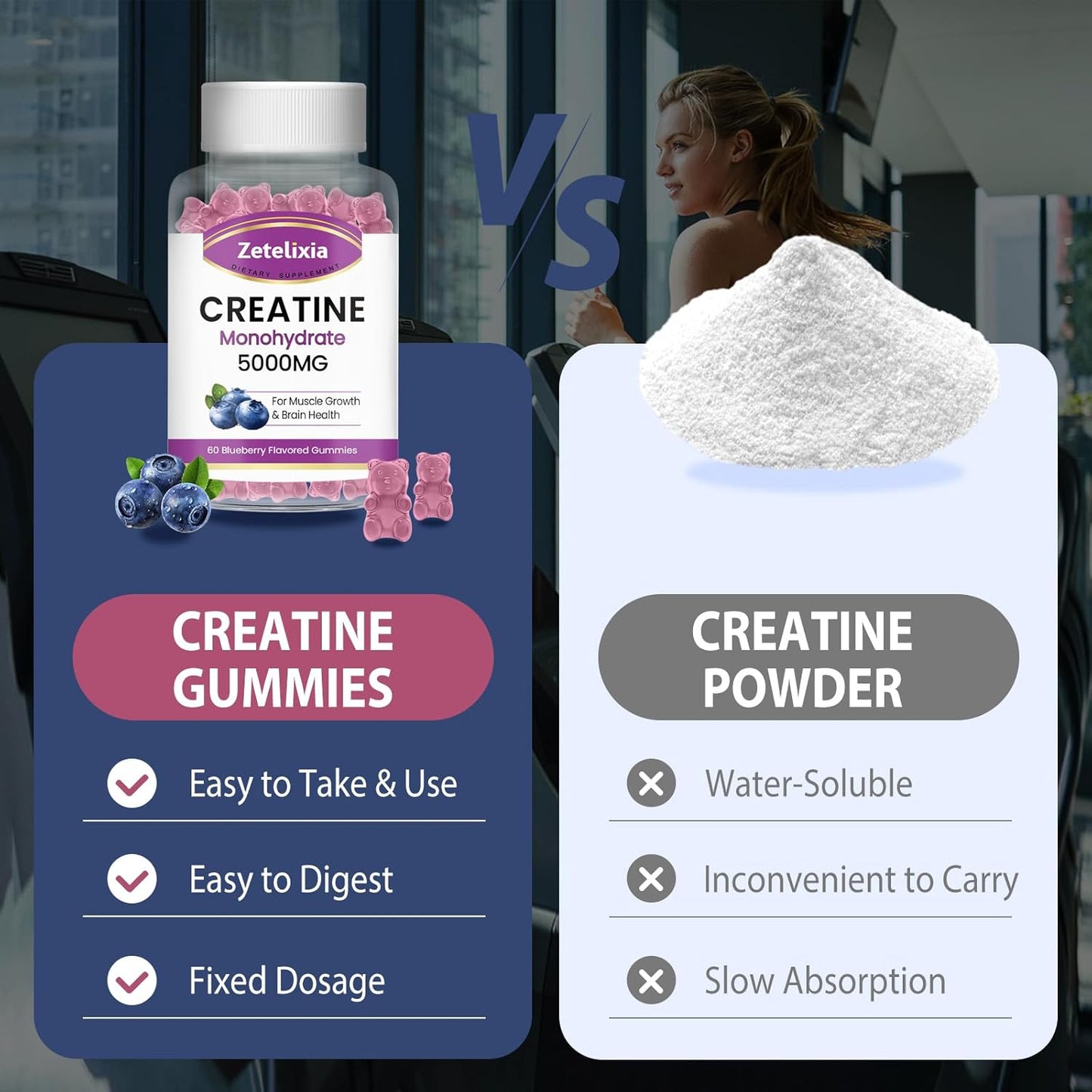 5g Chewable Creatine Monohydrate Gummies with Vitamin B12 for Muscle Strength and Energy Support - Blueberry Flavor, 60 Count - Non-GMO for Men and Women