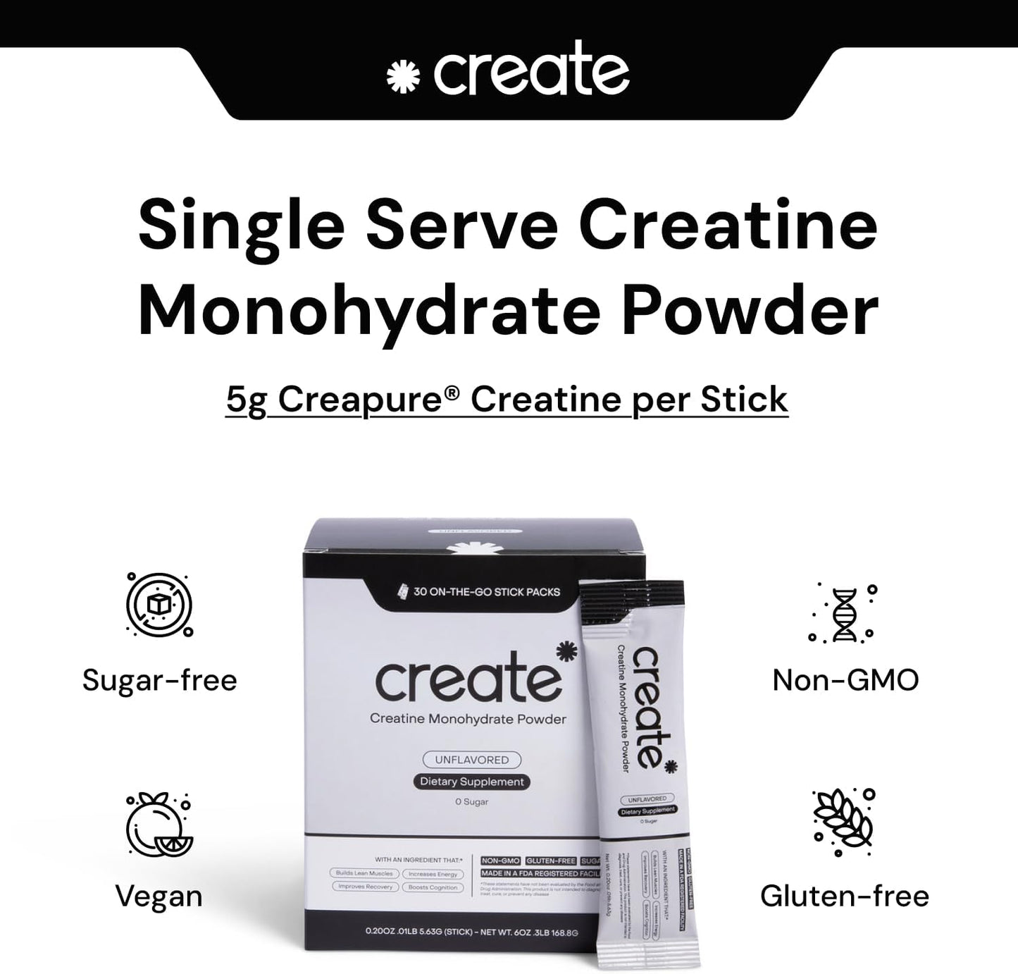 5g Creapure Creatine Monohydrate Powder for Strength, Energy & Recovery - 30 Packets | Vegan, Non-GMO, Sugar-Free, Unflavored