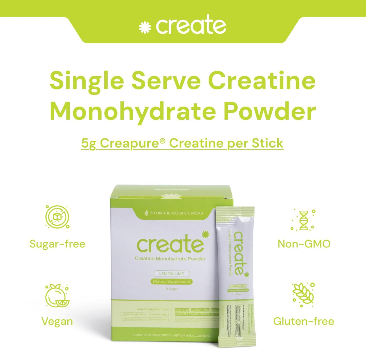 5g Creapure Creatine Monohydrate Powder Packets - Boost Strength, Energy & Recovery - Sugar-Free, Vegan, Non-GMO - Lemon/Lime - 30 Servings