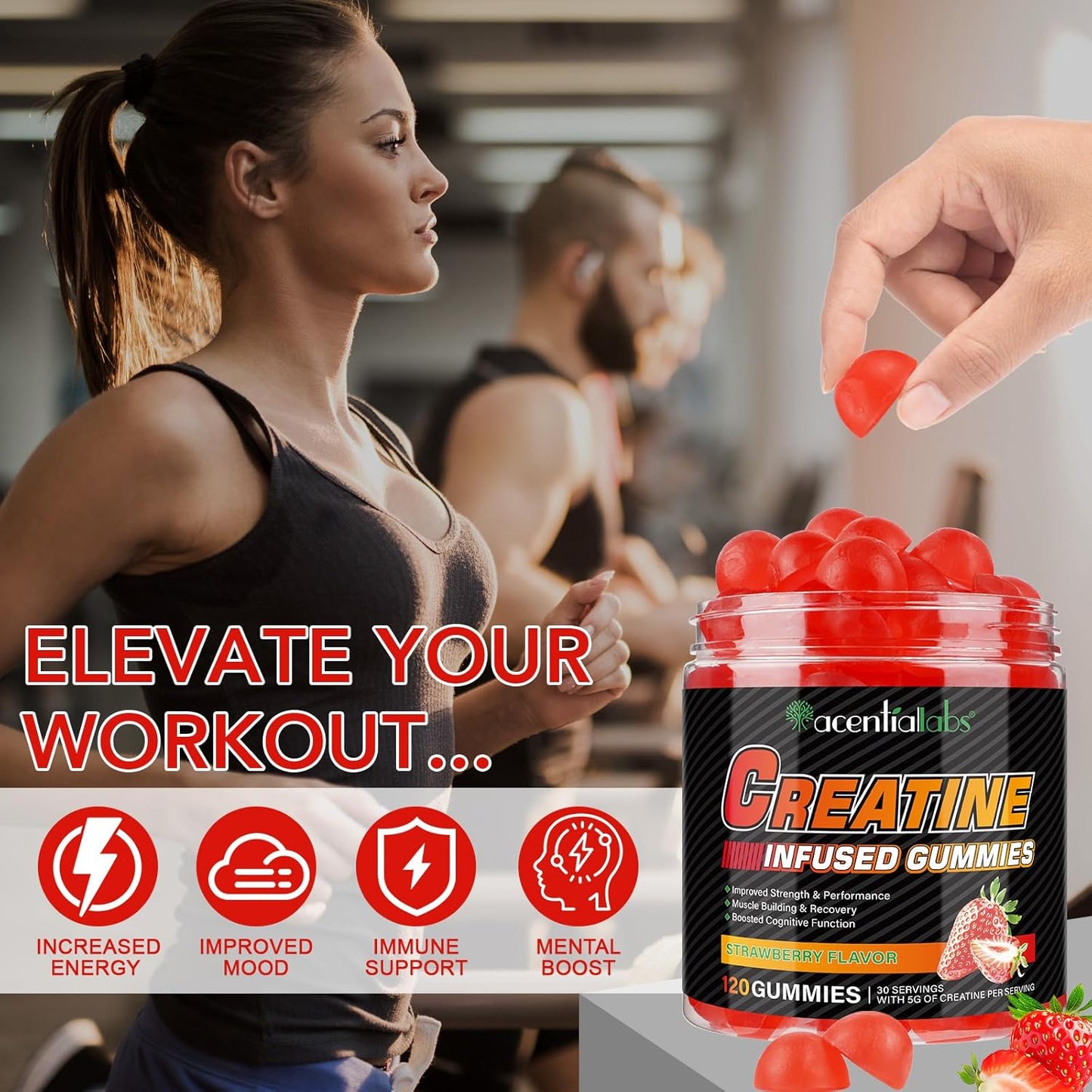 5g Low Sugar Vegan Creatine Monohydrate Gummies - Boost Strength, Recovery, Endurance - Strawberry Flavor - 120 Count for Men & Women