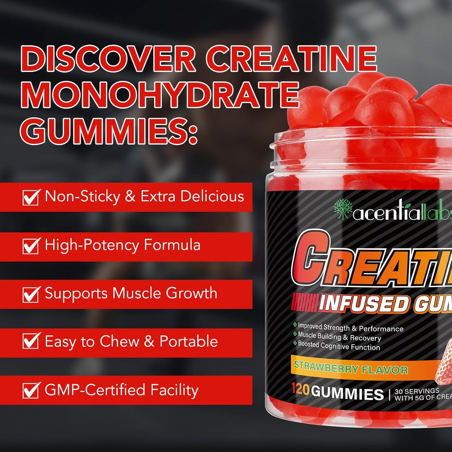 5g Low Sugar Vegan Creatine Monohydrate Gummies - Boost Strength, Recovery, Endurance - Strawberry Flavor - 120 Count for Men & Women