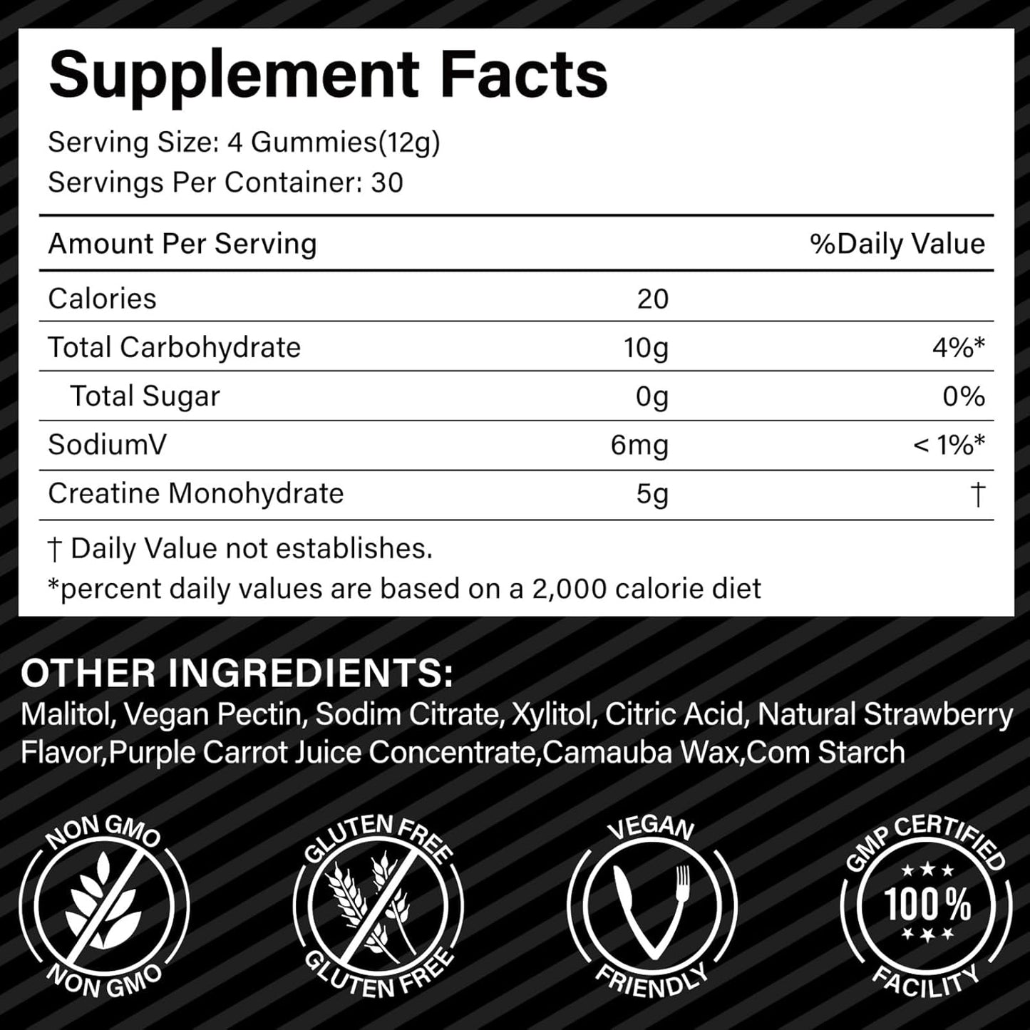 5g Low Sugar Vegan Creatine Monohydrate Gummies - Boost Strength, Recovery, Endurance - Strawberry Flavor - 120 Count for Men & Women