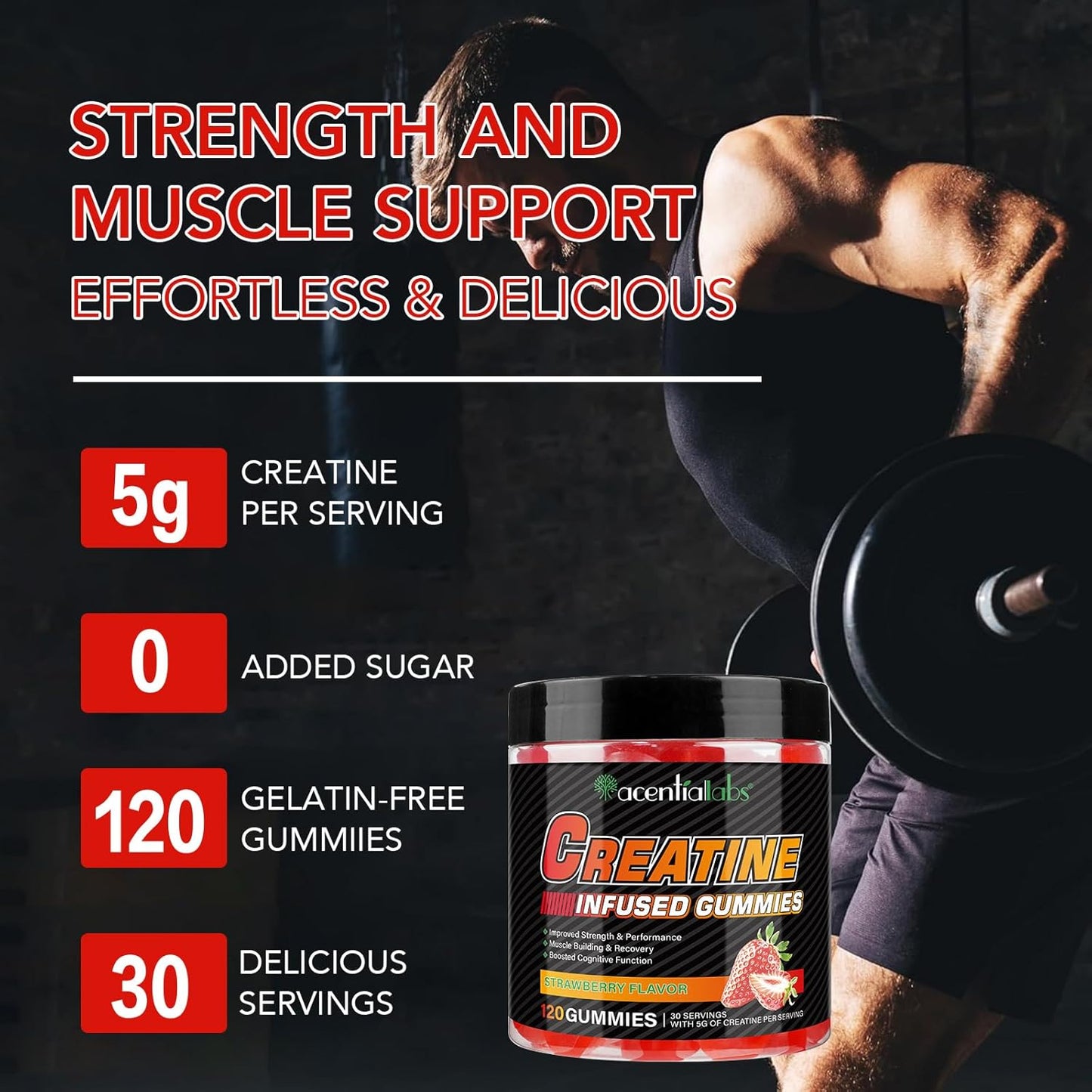 5g Low Sugar Vegan Creatine Monohydrate Gummies - Boost Strength, Recovery, Endurance - Strawberry Flavor - 120 Count for Men & Women