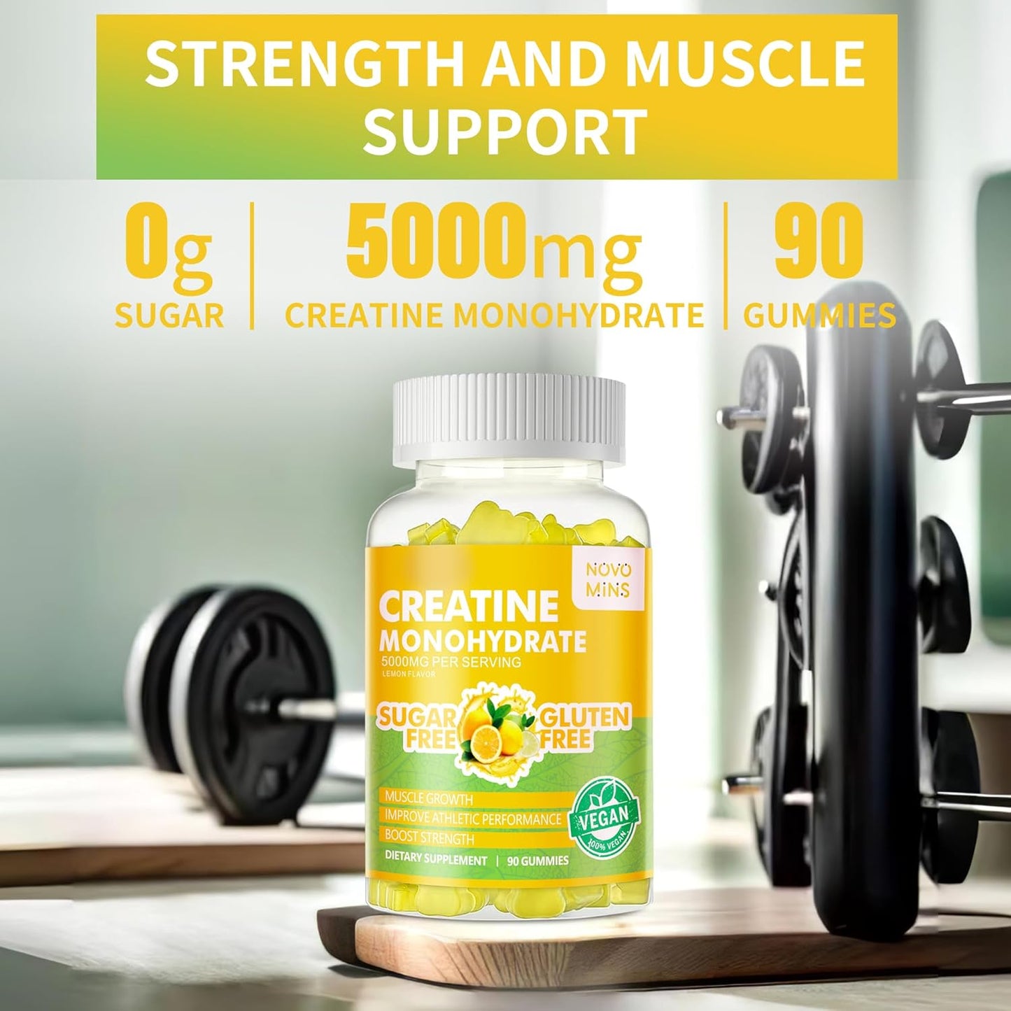 5g Sugar-Free Creatine Gummies for Men and Women - Lemon Flavored Chewable Supplement with 180 Gummies