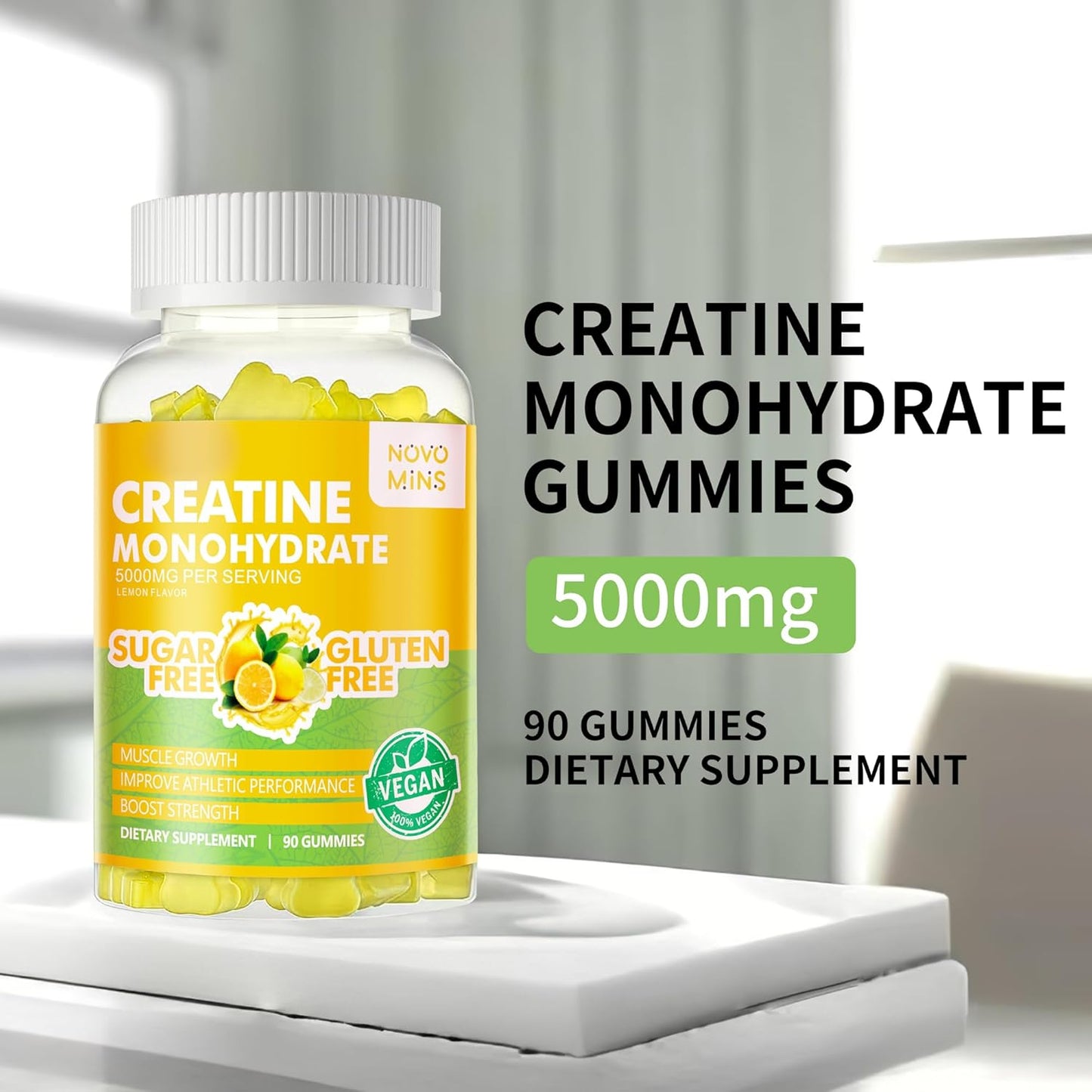 5g Sugar-Free Creatine Gummies for Men and Women - Lemon Flavored Chewable Supplement with 180 Gummies