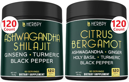 5in1 Ashwagandha Shilajit & 6in1 Citrus Bergamot Supplement Bundle for Relaxation, Heart Health, Digestion, and Immune Support