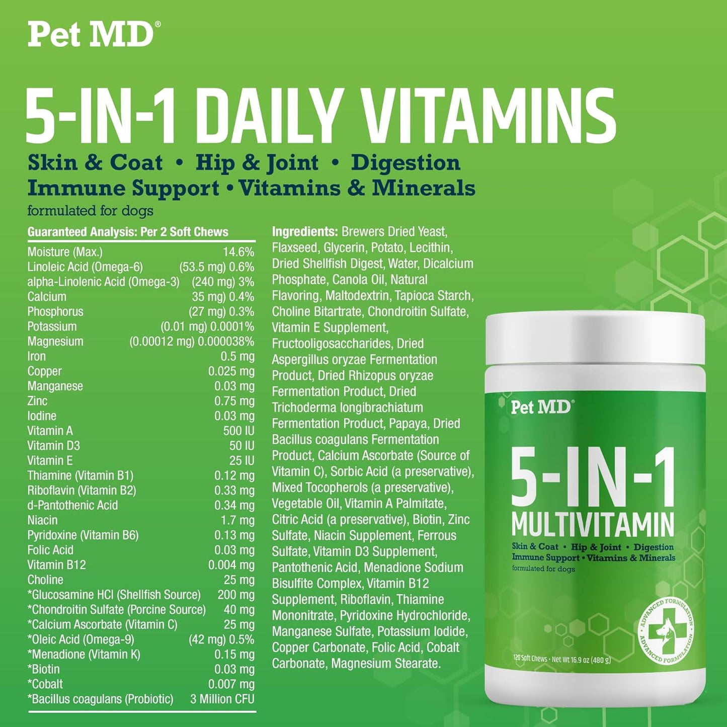 5in1 Dog Multivitamin with 30 Essential Nutrients - Skin, Coat, Hip, Joint, Digestion & Immune Support - Glucosamine, Omega 3 6 9, Probiotics - 120 ct