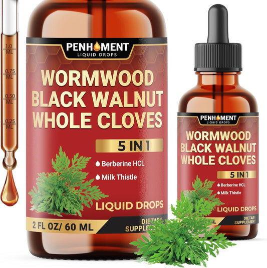 5in1 Wormwood Liquid Drops - Black Walnut, Cloves, Berberine, Milk Thistle Extract - 2 FL OZ - 60 Day Supply
