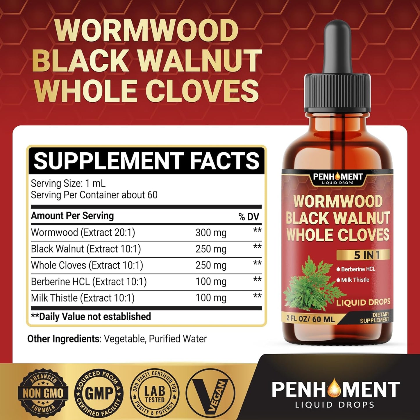 5in1 Wormwood Liquid Drops - Black Walnut, Cloves, Berberine, Milk Thistle Extract - 2 FL OZ - 60 Day Supply