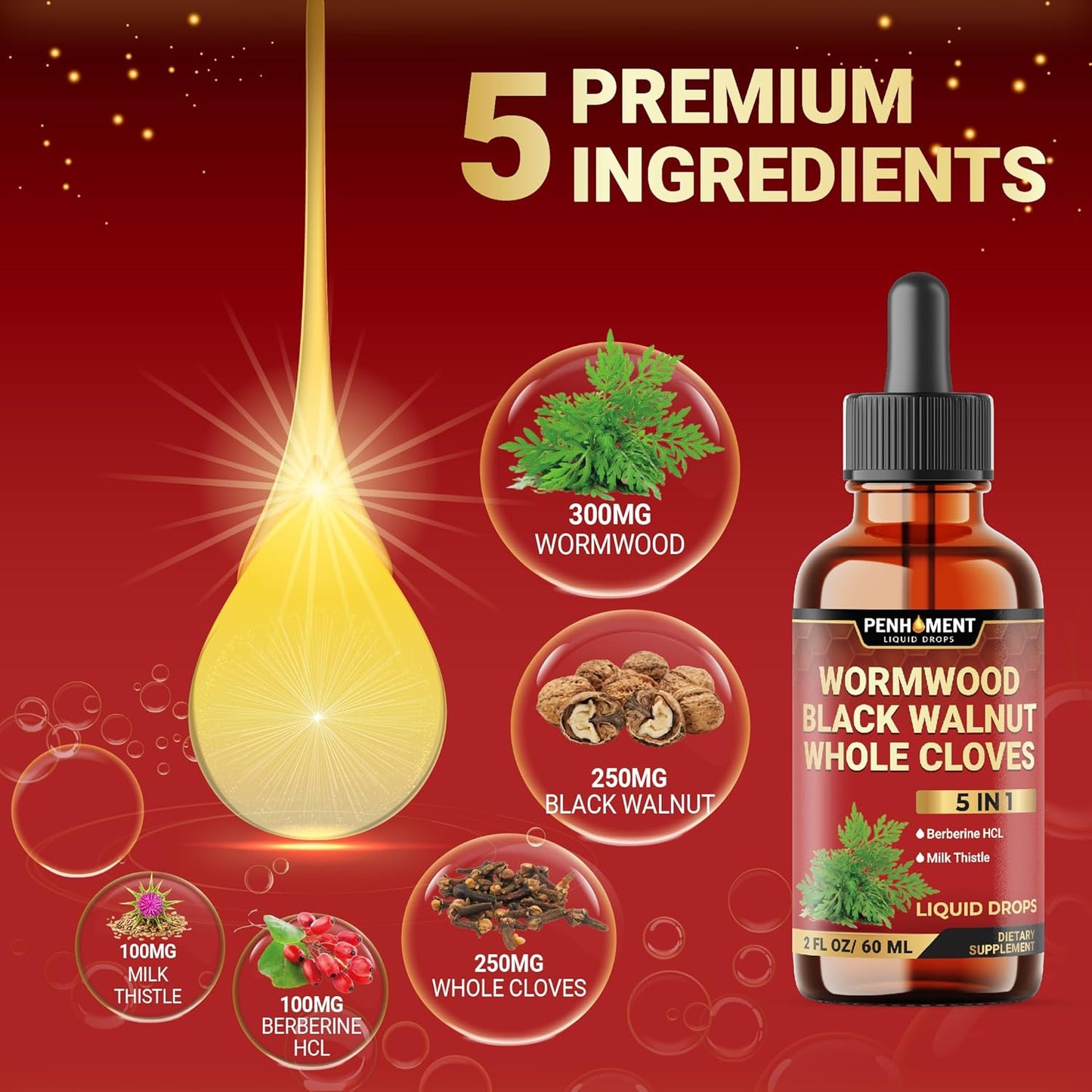 5in1 Wormwood Liquid Drops - Black Walnut, Cloves, Berberine, Milk Thistle Extract - 2 FL OZ - 60 Day Supply
