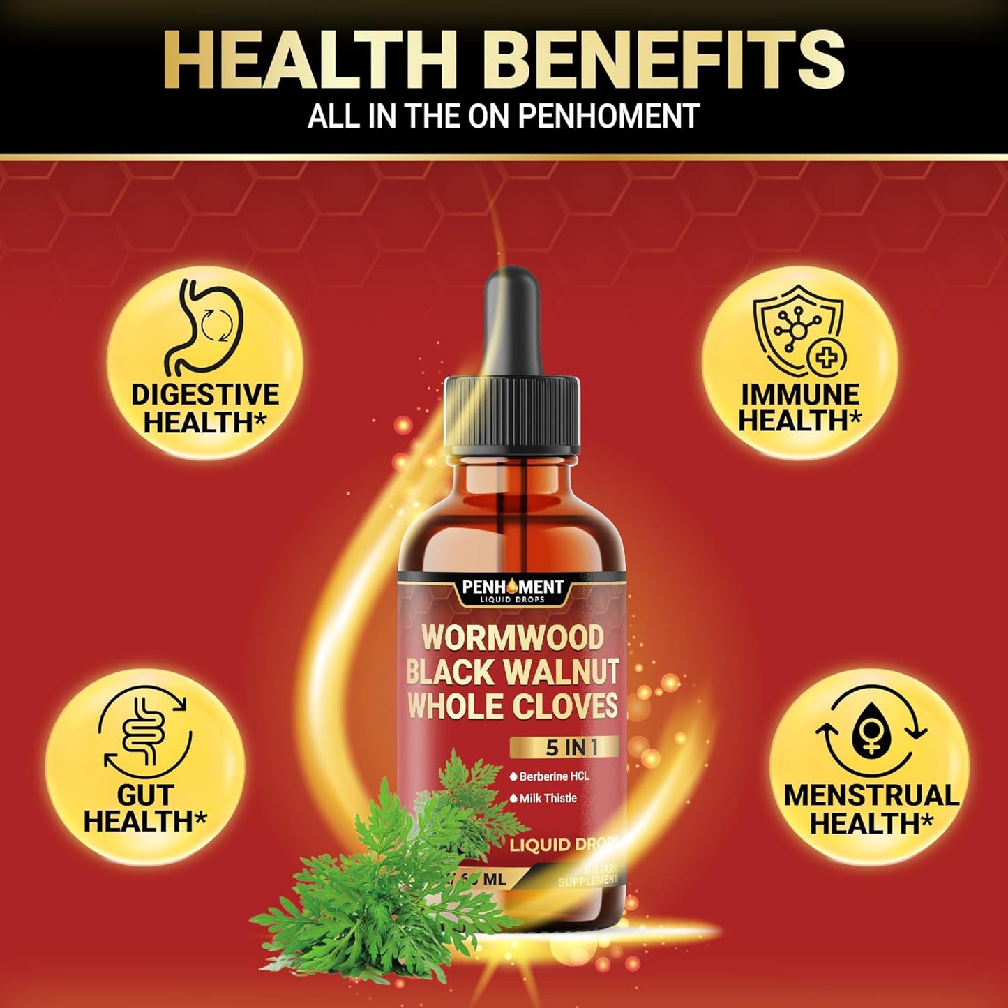 5in1 Wormwood Liquid Drops - Black Walnut, Cloves, Berberine, Milk Thistle Extract - 2 FL OZ - 60 Day Supply