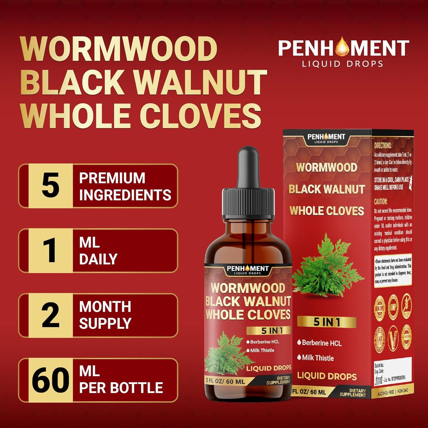 5in1 Wormwood Liquid Drops - Black Walnut, Cloves, Berberine, Milk Thistle Extract - 2 FL OZ - 60 Day Supply