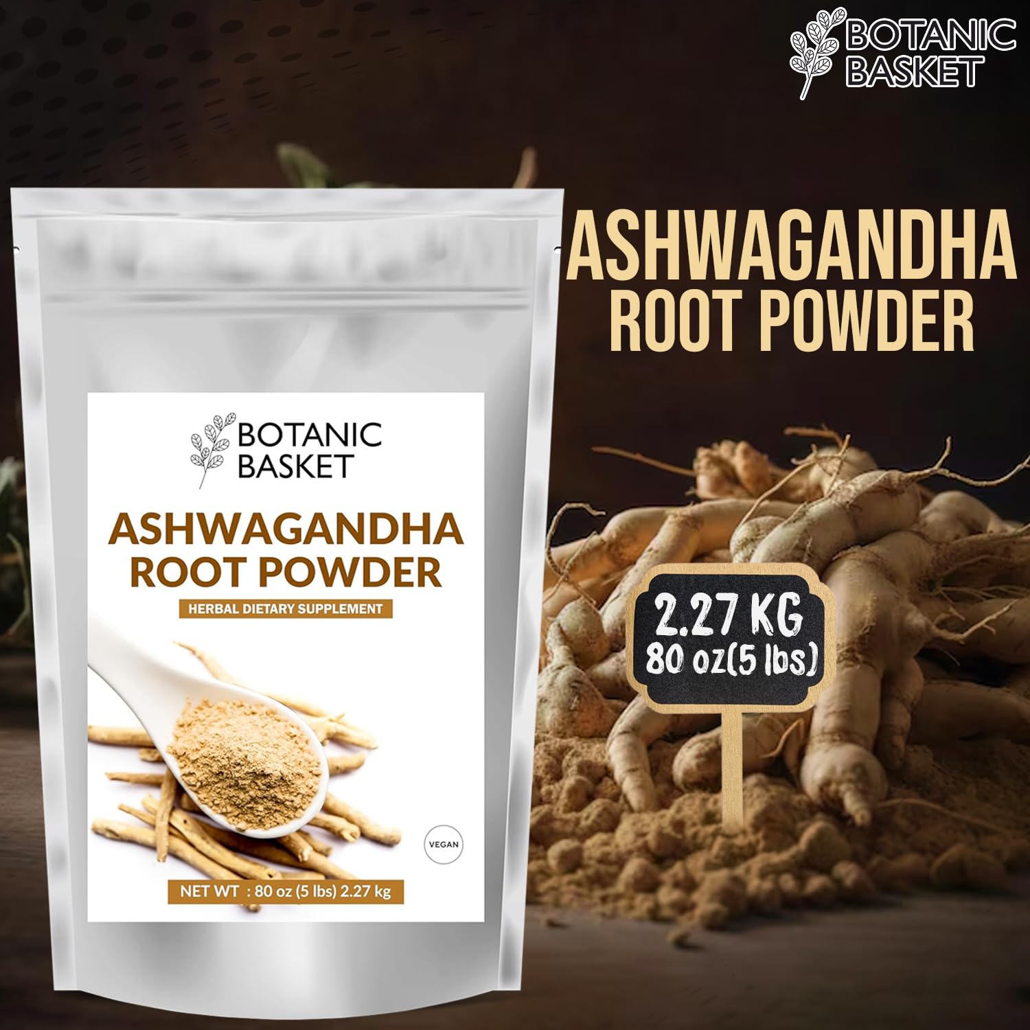 5lb Botanic Basket Ashwagandha Root Powder - Pure, GMO-Free, Gluten-Free, Rich in Withanolides - No Fillers or Additives