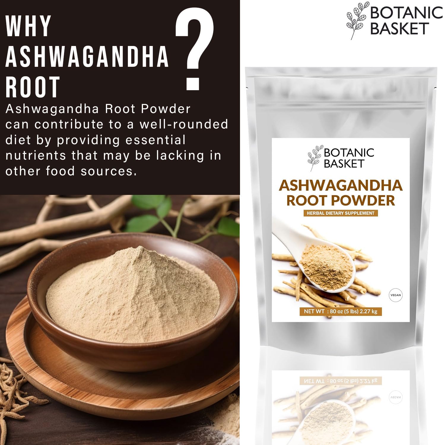 5lb Botanic Basket Ashwagandha Root Powder - Pure, GMO-Free, Gluten-Free, Rich in Withanolides - No Fillers or Additives