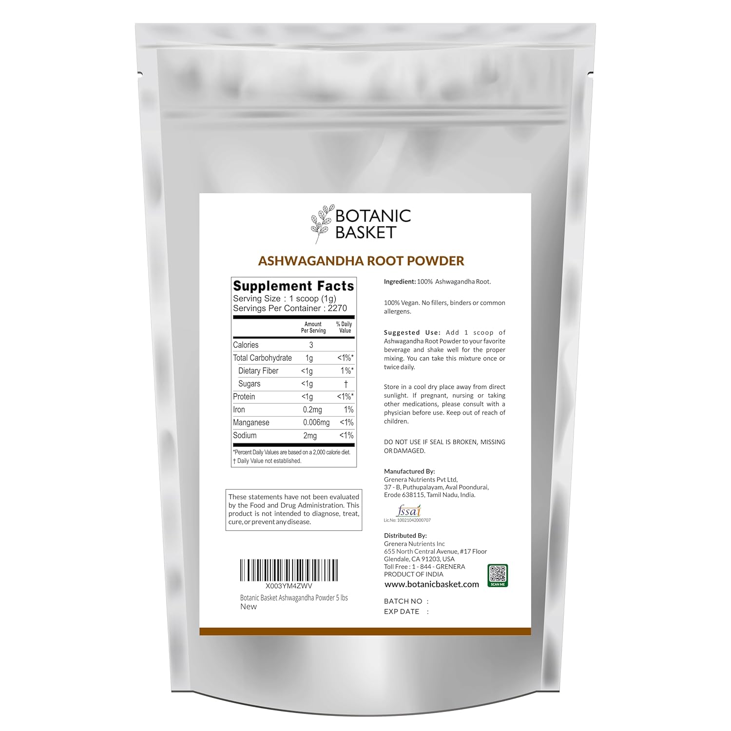 5lb Botanic Basket Ashwagandha Root Powder - Pure, GMO-Free, Gluten-Free, Rich in Withanolides - No Fillers or Additives