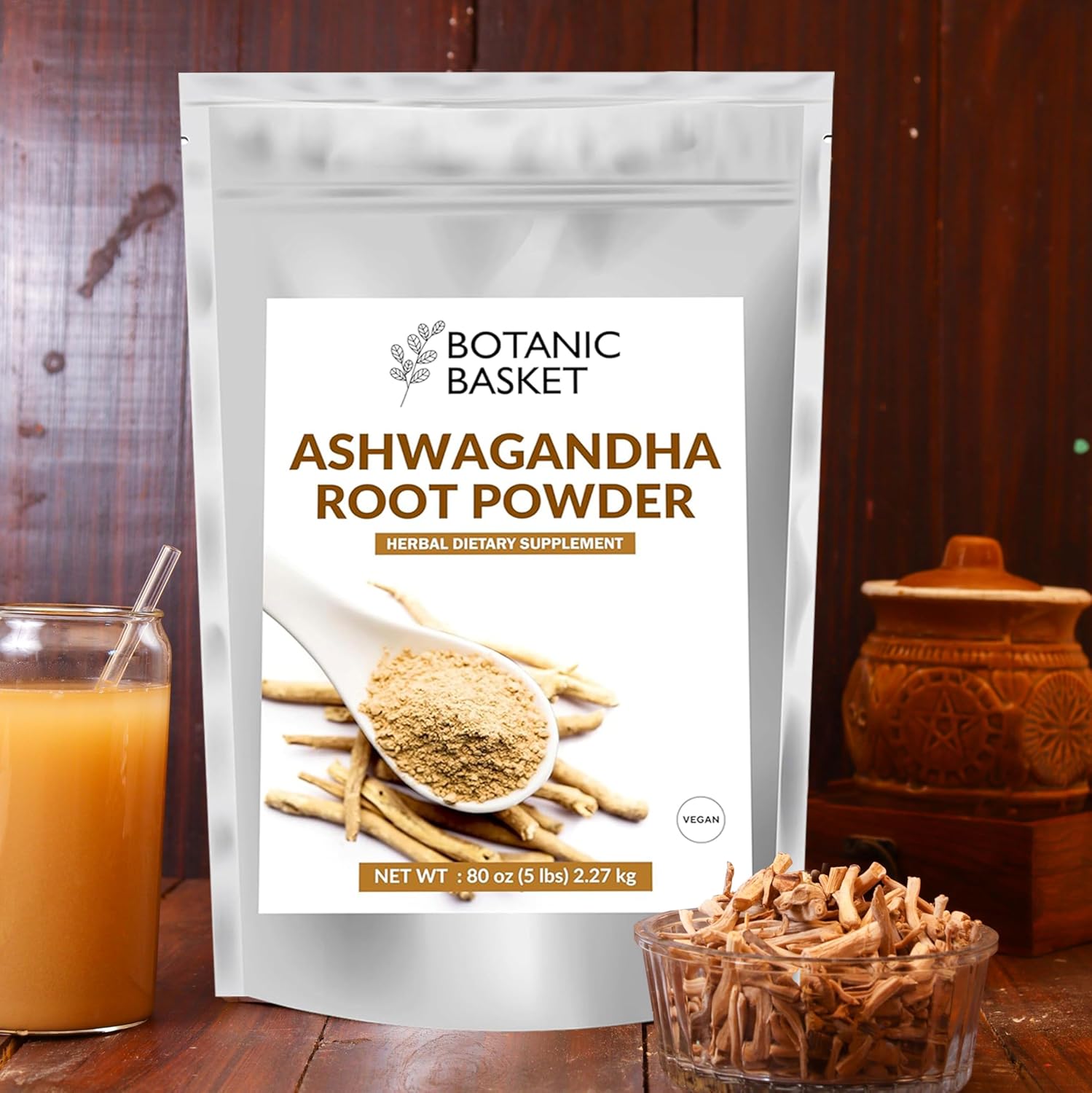 5lb Botanic Basket Ashwagandha Root Powder - Pure, GMO-Free, Gluten-Free, Rich in Withanolides - No Fillers or Additives