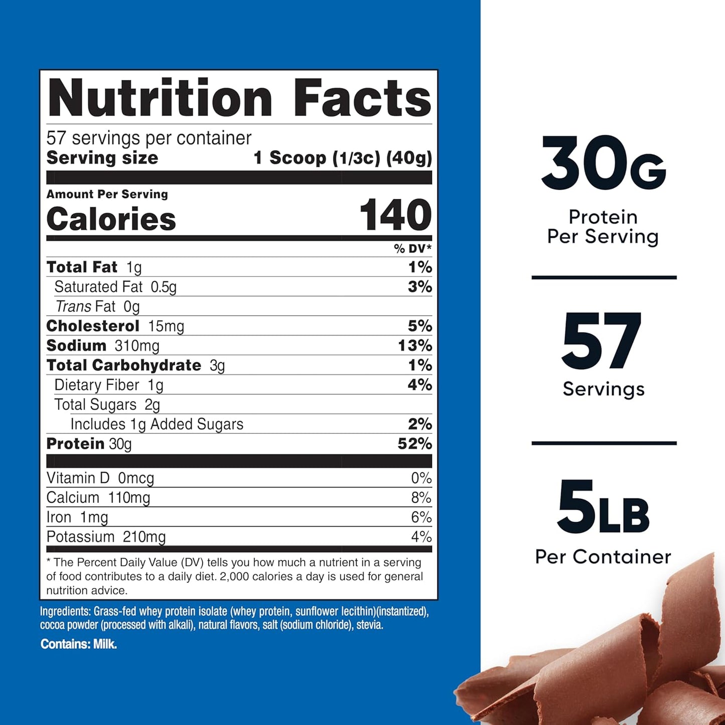5LB Chocolate Grass-Fed Whey Protein Isolate - Non-GMO, Gluten Free, All-Natural