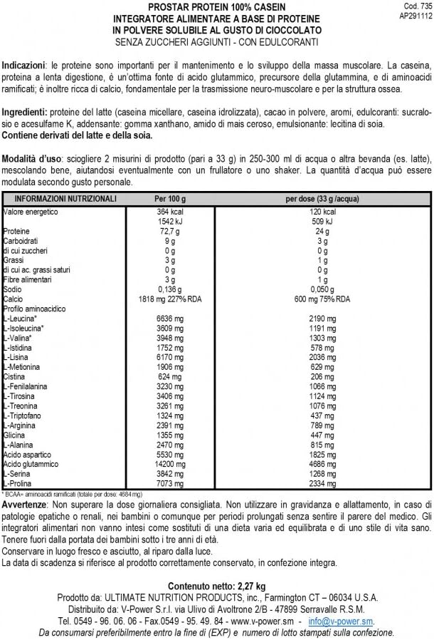 5lb Chocolate Ultimate Nutrition Prostar Micellar & Hydrolyzed Casein Protein Powder - Fat Free for Overnight Muscle Growth & Recovery with BCAAs