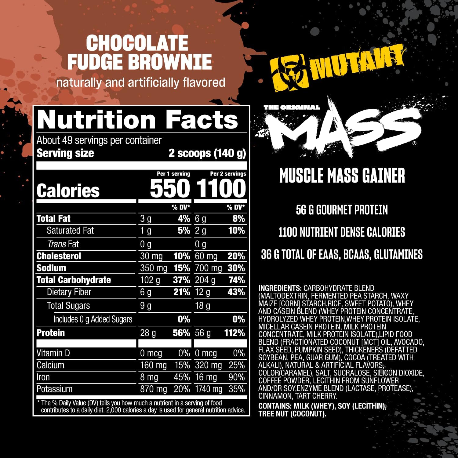 5lb Mutant Mass Weight Gainer Protein Powder - High Calorie Blend for Lean Mass, Muscle Build, & Bulking - Chocolate Fudge Brownie Flavor