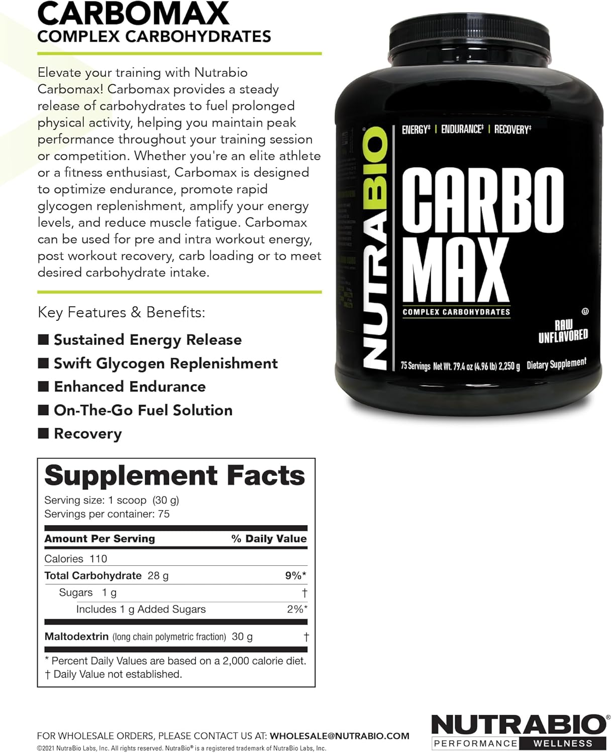 5lb NutraBio CarboMax Maltodextrin Powder - Sustained Energy Carb Powder - Ideal for Muscle & Weight Gain - Unflavored - 75 Servings - BoostGo Australia