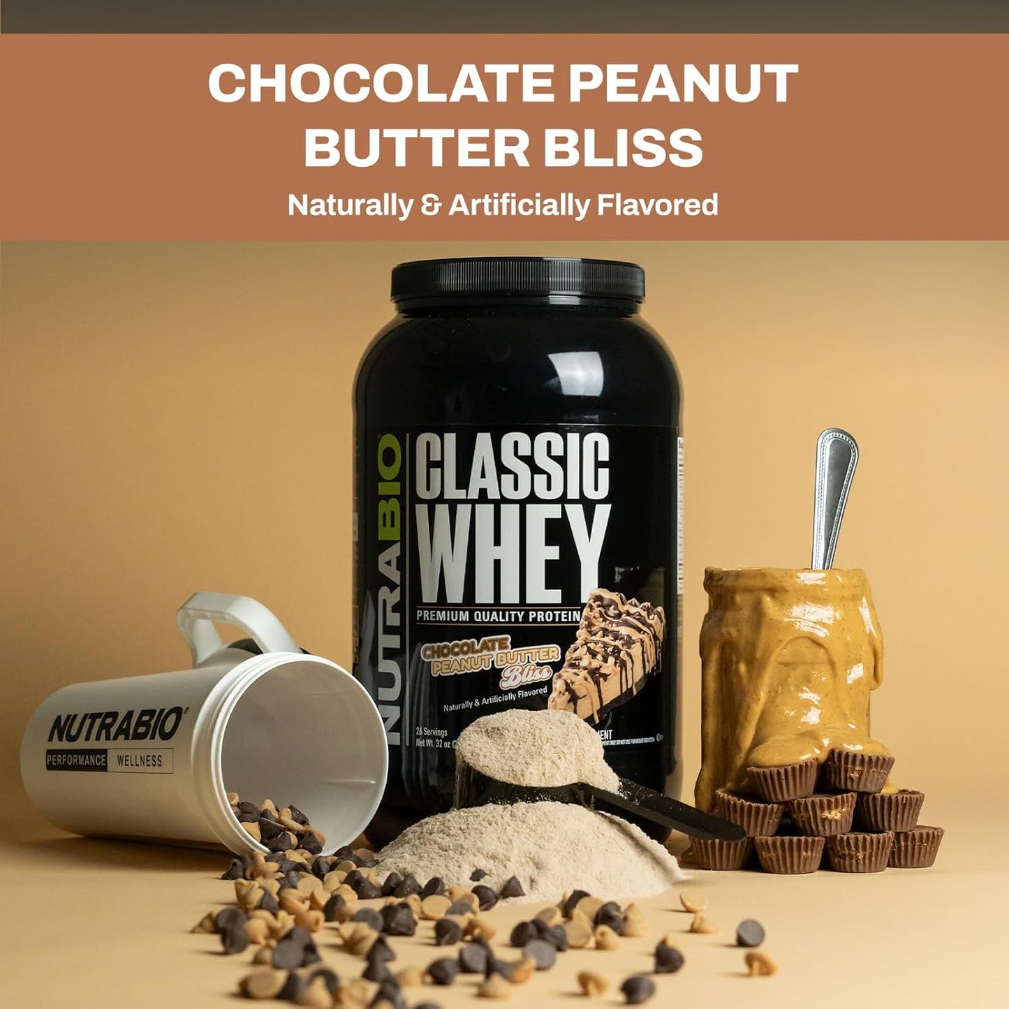 5lb NutraBio Classic Whey Protein Powder - Chocolate Peanut Butter Flavor - 25g Protein per Serving - No Fillers, Artificial Colors, or Preservatives - Low Glycemic Index