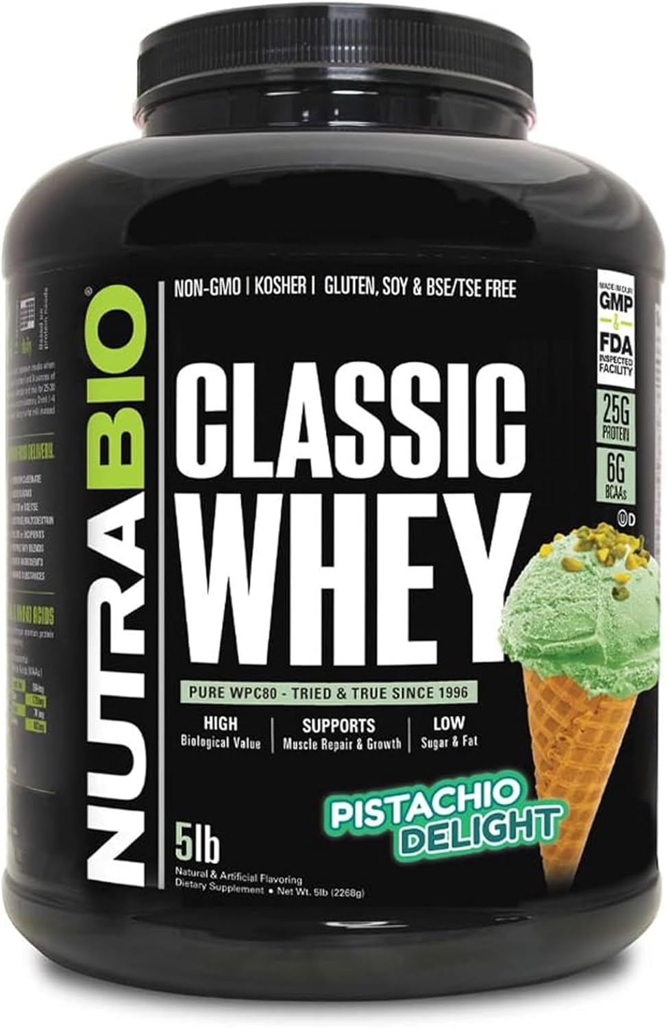 5lb NutraBio Classic Whey Protein Powder - Pistachio Delight Flavor - 25g Protein Per Serving - Full Amino Acid Profile - No Fillers or Preservatives