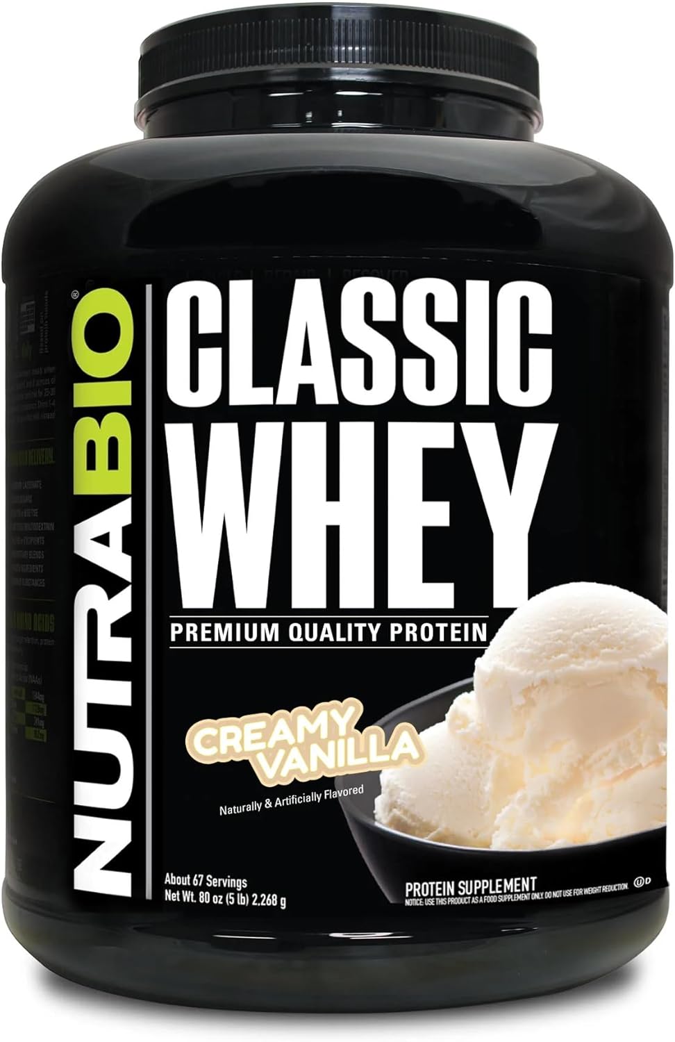 5lb NutraBio Classic Whey Protein Powder with 25g Protein per Serving, Full Amino Acid Profile, No Fillers, Artificial Colors, Low Glycemic Index - Creamy Vanilla Flavor